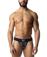 Black barbed wire jockstrap with white lightning bolt design and logo on the waistband athletic briefs