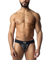 Black barbed wire jockstrap with white lightning bolt design and logo on the waistband athletic briefs