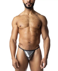 Shiny silver metallic chromium thong with black elastic waistband front view in sleek metallic fabric