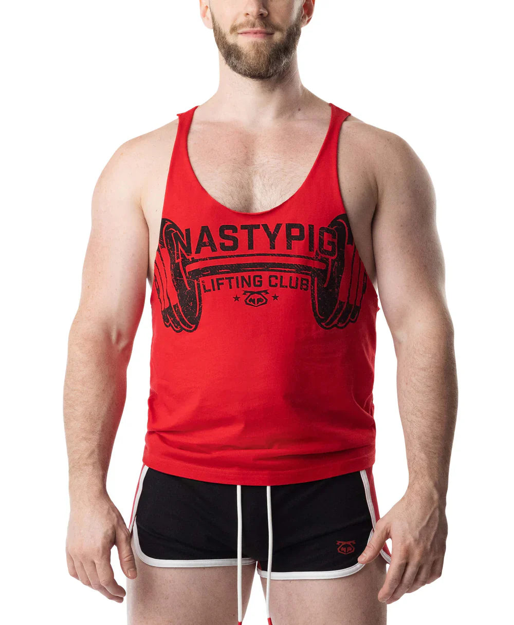 Red cotton tank top with black barbell graphic and nastypic lifting club text on chest for gym wear