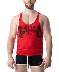 Red cotton tank top with black barbell graphic and nastypic lifting club text on chest for gym wear