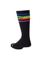 Black Nasty Pig pride sock featuring horizontal rainbow stripes near the top and a pig logo.