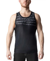 Black athletic tank top featuring a subtle silver barbed wire pattern across the chest for active wear
