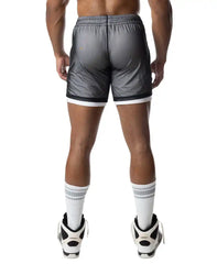 Gray blur rugby short with shiny reflective finish and contrasting white trim along the hem
