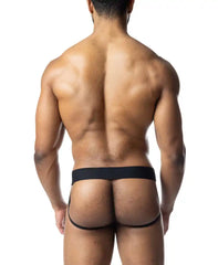 Black barbed wire jockstrap with narrow waistband and leg openings designed for athletic support