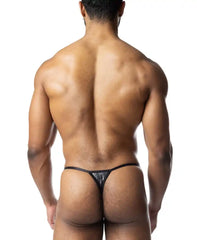 Black shiny metallic thong with a sleek minimalist design called chromium thong visible from the front side