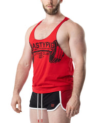 Red mastypig lifting club tank top featuring black graphic design ideal for gym and casual wear