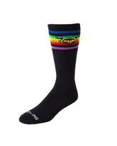 Black crew sock with Nasty Pig logo and rainbow stripes at top, white Nasty Pig text on toe.