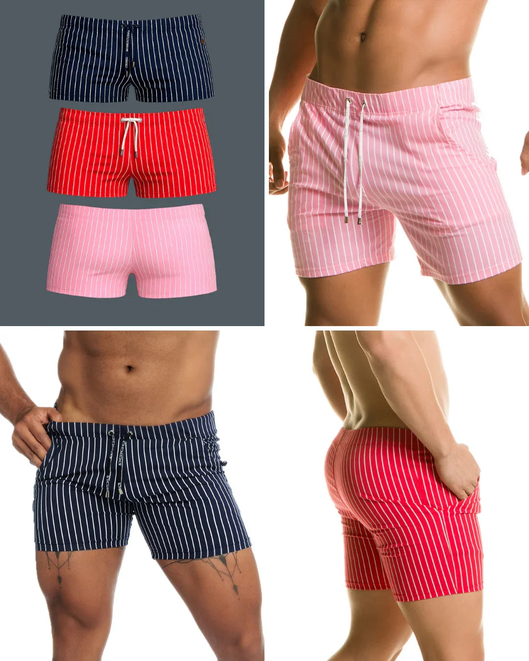 Three pairs of short, vertically striped swim trunks in navy, red, and pink with white drawstring waistbands.