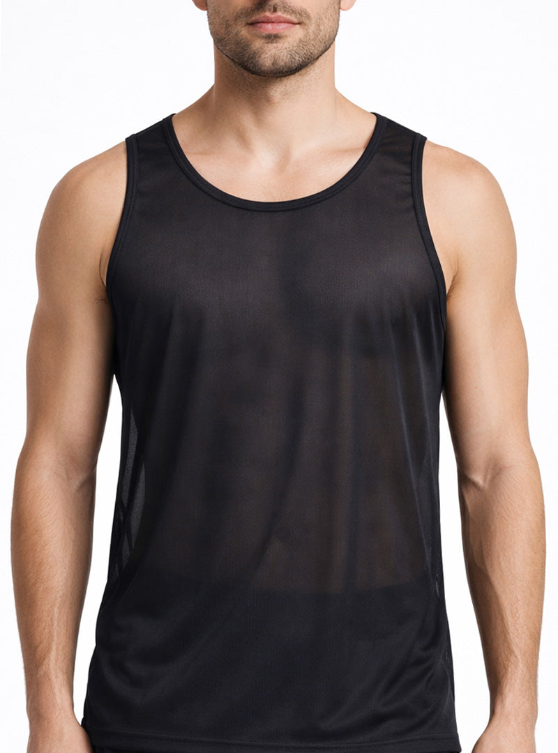 Black mesh nylon tricot tank top with round neckline and seamless construction for athletic use