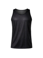 Black nylon tricot sleeveless tank top with smooth moisture-wicking fabric and mesh lining at the neckline