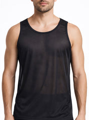 Black mesh nylon tricot tank top with round neckline and seamless construction for athletic use