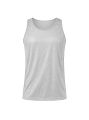 White sleeveless nylon tricot tank top with smooth lightweight fabric and rounded neckline for athletic wear