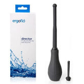 Perfect Fit Ergoflo Director black silicone anal douche with bulb, long nozzle, and spare tip, next to its packaging.