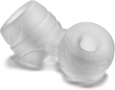 Clear silicone Sila cock and ball toy with textured rings against a white background.