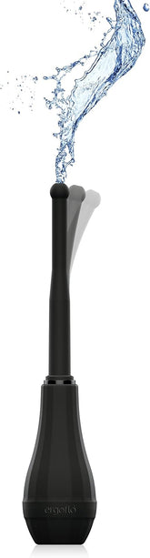 Black Perfect Fit Ergoflo Director nozzle with a water splash effect and a flexible pivoting stem.
