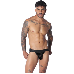Black plush-textured jockstrap with a leopard print pattern and a branded elastic waistband.