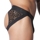 Black jockstrap with a leopard print mesh back panel and a thick, branded elastic waistband.