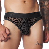 Sheer, charcoal grey leopard-print plush brief with a wide, black elastic waistband featuring the GIGO logo.