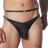 Sheer black leopard-print jockstrap featuring a thin waist belt, metal hardware rings, and adjustable closures.