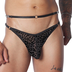 Sheer black leopard-print jockstrap featuring a thin waist belt, metal hardware rings, and adjustable closures.