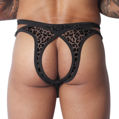 Black leopard print mesh jockstrap with a cutout open-back design and thin elastic waistband.
