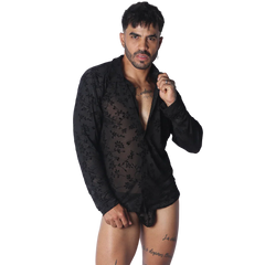 Black long-sleeve button-up shirt in a sheer, floral-patterned fabric with a classic collar.