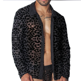 Black sheer leopard print button-down shirt with a classic collar and long sleeves.
