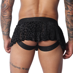 Black leopard-print sheer pleated plush skirt with a thick branded elastic waistband and open-back jockstrap design.