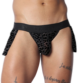 Black sheer leopard print Gigo plush skirt with a branded elastic waistband and side panels.