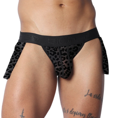 Black sheer leopard print Gigo plush skirt with a branded elastic waistband and side panels.