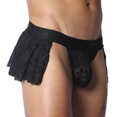 Black floral mesh pleated skirt with a branded elastic waistband and integrated thong design.