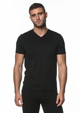 Black sorona v-neck tee made of soft cotton with a comfortable fit perfect for casual wear