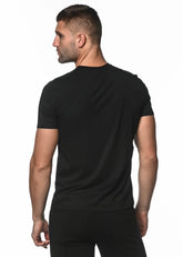 Black short-sleeved crew neck t-shirt made with sorona fabric for comfortable everyday wear