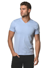 Light blue sorona v-neck tee made of sustainable fabric with short sleeves perfect for casual wear