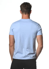 Light blue short-sleeved crew neck sorona tee made from sustainable fabric ideal for casual wear