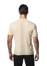 Beige short-sleeved cotton knit polo shirt back with vertical geometric pattern textured button front design
