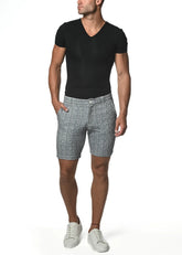 Gray and white plaid micro check stretch knit shorts with a classic tailored fit for comfortable casual wear