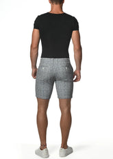 Gray and white micro check stretch knit shorts with tailored fit for comfortable casual wear
