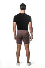 Brown textured stretch knit chino shorts back view with two pockets and dark brown buttons