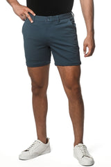 Dark teal textured stretch knit chino shorts with classic fit and button closure for casual wear