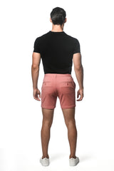 Textured stretch knit chino shorts in crisp pink with tailored fit and subtle stitching details