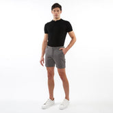 Gray textured stretch knit chino shorts with classic fit and button closure for casual wear