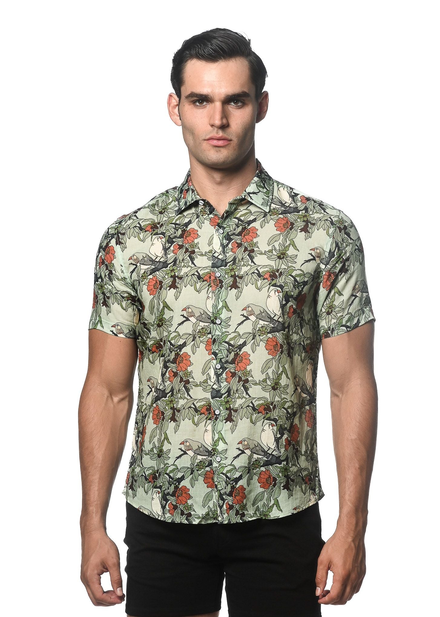 Lightweight linen tencel short-sleeved shirt with vibrant orange floral print on an off-white background for men