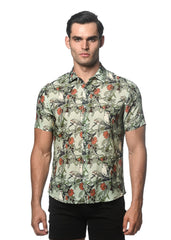 Lightweight linen tencel short-sleeved shirt with vibrant orange floral print on an off-white background for men