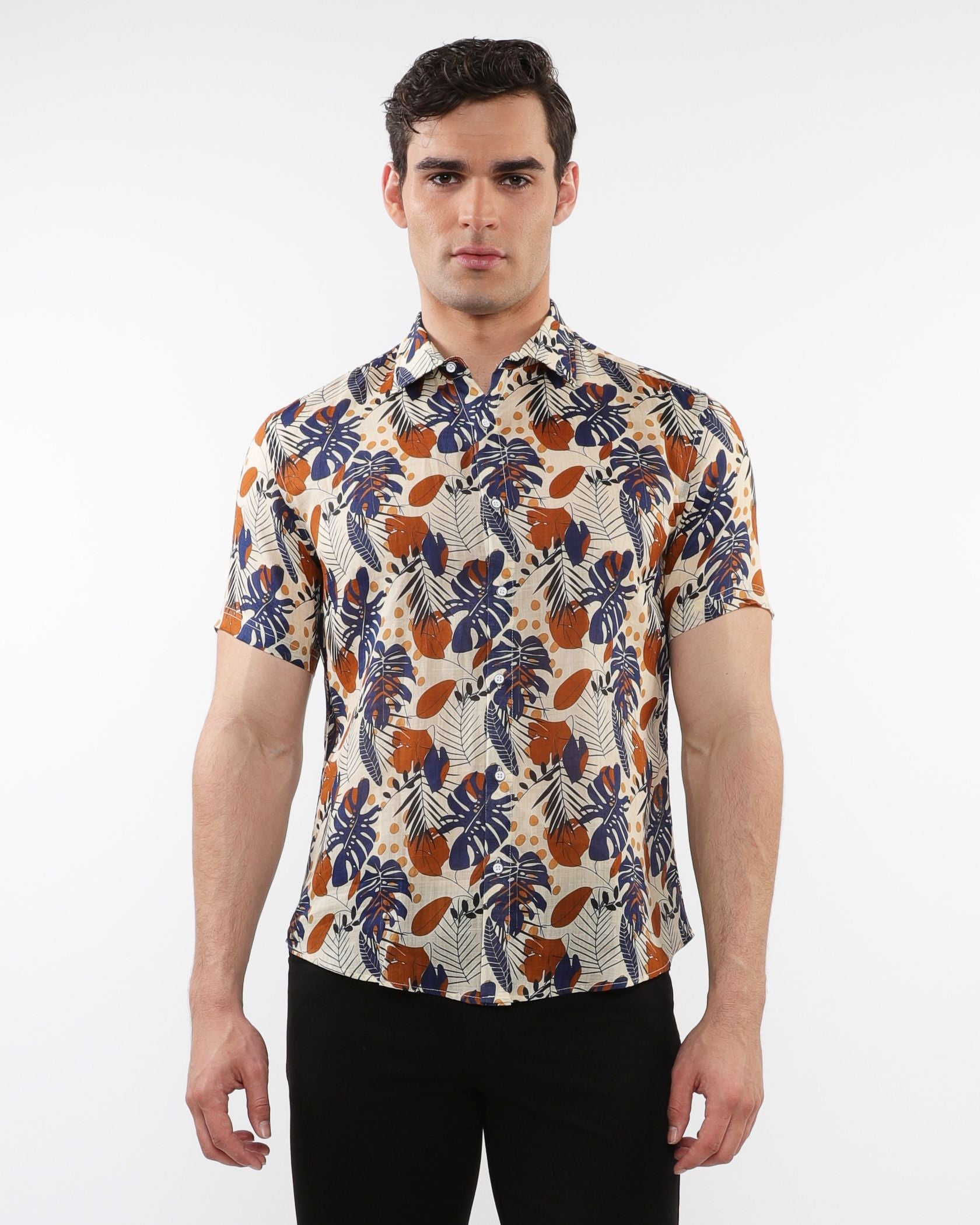 Men’s lightweight linen tencel short sleeve shirt with vibrant navy orange cream tropical leaf and fruit pattern on beige