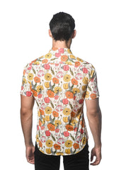 Lightweight cotton tencel short-sleeve shirt in cream with vibrant orange and pink floral pattern and green stems