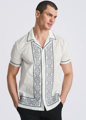 POSTMARC Medallion Embroidered Border S/S Shirt - White/Cobalt