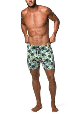 Men’s moritz 6 inch inseam swim shorts with tropical leaf pattern in light green and black for beachwear