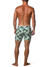 Men’s moritz 6 inch inseam swim shorts with tropical light green and black leaf pattern perfect for beachwear